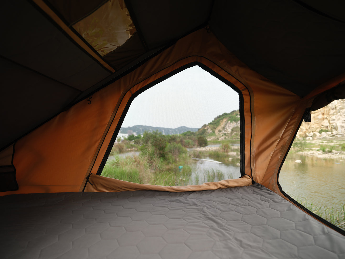 Interior view of Bush Cruiser V2 Pro Rooftop Tent with large window